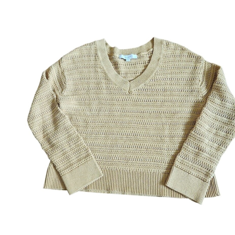 LOFT Marigold Yellow V Neck Textured Knit Cropped Sweater Women Size XS  E68